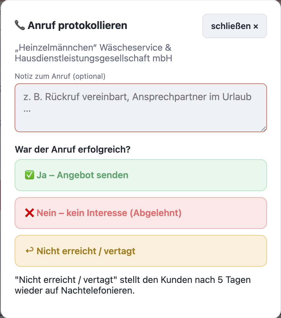 Anruf-Dialog mit Notiz und drei Knöpfen